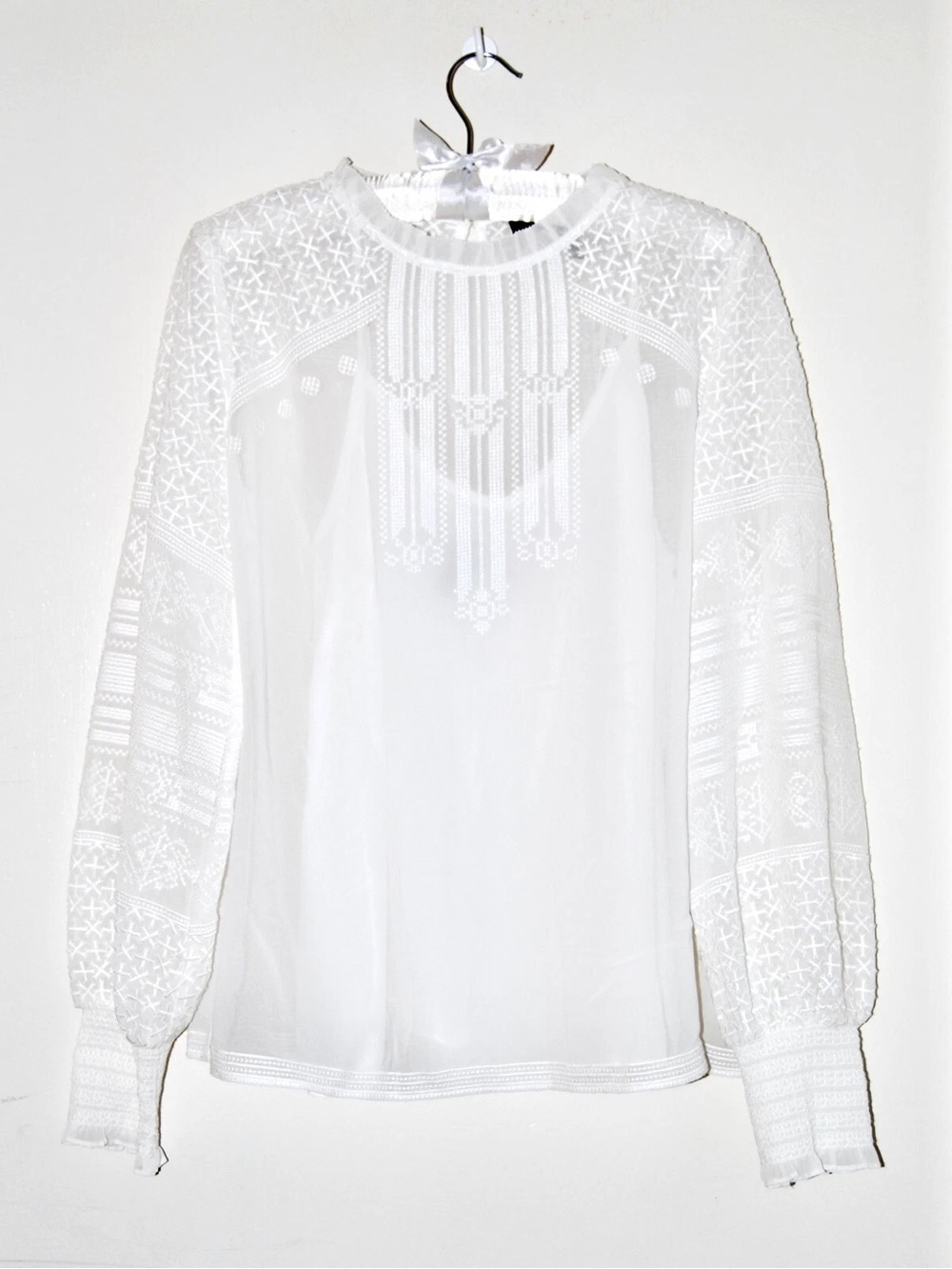 White Embroidered Long Sleeve Sheer Blouse with Lace Sleeves
